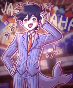 +++ +_+ 1boy absurdres antenna_hair arm_up blue_pants blue_suit bossman_hero collared_shirt commentary double-parted_bangs english_commentary fins fish_tail formal_clothes hair_between_eyes hand_on_own_hip hero_(headspace)_(omori) hero_(omori) highres long_sleeves male_focus necktie omori open_mouth pants pinstripe_pants pinstripe_pattern pinstripe_suit purple_eyes purple_hair red_necktie setosexual shark_tail shirt short_hair solo suit tail teeth tongue upper_teeth_only white_shirt