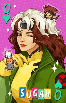 1boy 1girl black_cat black_gloves bodysuit breasts brown_hair cat chibi commentary english_commentary gambit gloves green_bodysuit green_jacket grey_hairband gwindows22 hairband heart jacket long_sleeves marvel multicolored_bodysuit multicolored_hair one_eye_closed orange_cat red_lips rogue_(x-men) siamese_cat smile sparkle superhero_costume two-tone_bodysuit two-tone_hair white_hair x-men yellow_bodysuit yellow_gloves