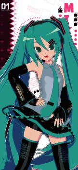 1girl 3d :d abstract_background absurdres animasa_model_(mikumikudance) aqua_eyes aqua_hair aqua_nails aqua_necktie bare_shoulders bike_shorts bike_shorts_under_skirt black_sleeves black_thighhighs blush cowboy_shot detached_sleeves english_text grey_shirt hair_between_eyes hair_ornament hand_on_own_hip hatsune_miku headphones headset highres kio_(majin_kz) long_hair looking_at_viewer mikumikudance_(medium) necktie open_mouth shirt skirt sleeveless sleeveless_shirt smile solo thighhighs twintails variant_set very_long_hair vocaloid