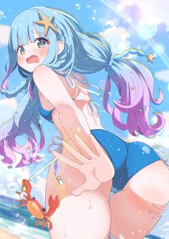 Rule 34 | 1girl, absurdres, ass, bikini, blue bikini, blue hair, blue sky, blunt bangs, blush, braid, breasts, cloud, commentary request, commission, crab, gradient hair, hair ornament, highres, lens flare, long hair, looking at viewer, looking back, multicolored hair, open mouth, original, outdoors, shiro9jira, side-tie bikini bottom, skeb commission, sky, small breasts, solo, star (symbol), star hair ornament, swimsuit