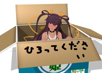 1girl 3d animal_ears artist_request bare_shoulders bikini blush box breasts brown_eyes brown_hair cat_ears fake_animal_ears hair_ribbon long_hair looking_at_viewer mizuki_yukikaze one-piece_tan oversized_object ribbon sad small_breasts solo swimsuit taimanin_(series) taimanin_rpgx taimanin_yukikaze tan tanline tears very_long_hair