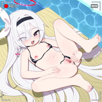 1girl :d absurdres alternate_costume bare_arms bare_legs bare_shoulders barefoot bikini bikini_bottom_aside black_bikini black_hairband blue_archive bow braid caustics censored clothing_aside collarbone cromachina desk eyes_visible_through_hair feet flat_chest grey_eyes hair_bow hair_intakes hair_over_one_eye hair_spread_out hairband halo highres loli long_hair loose_bikini lower_teeth_only lying m_legs micro_bikini mixed-language_commentary mosaic_censoring navel nipples on_back on_desk open_mouth paid_reward_available parted_lips plana_(blue_archive) presenting_pussy pussy red_halo red_pupils school_desk shiny_skin short_braid side_braid sidelocks sitting smile soles solo spread_legs stomach string_bikini swimsuit teeth toes tongue very_long_hair viewfinder white_bow white_hair