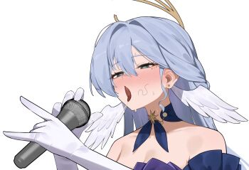 1girl aqua_eyes bare_shoulders blue_hair commentary_request detached_sleeves dress earrings flasso gloves halo head_wings heart heart-shaped_pupils highres holding holding_microphone honkai:_star_rail honkai_(series) jewelry light_blush long_hair microphone open_mouth robin_(honkai:_star_rail) sexually_suggestive solo stray_pubic_hair symbol-shaped_pupils tongue tongue_out white_gloves white_wings wings