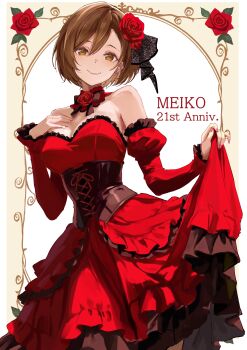 1girl absurdres alternate_costume anniversary bare_shoulders black_bow black_bowtie black_corset bow bowtie breasts brown_eyes brown_hair character_name clothes_lift corset cross-laced_clothes cross-laced_corset detached_sleeves double-parted_bangs dress english_text fingernails flower flower_ornament frilled_dress frills hair_ornament hand_on_own_chest highres looking_at_viewer medium_breasts meiko_(vocaloid) nail_polish no_renor_en red_dress red_flower red_nails red_rose red_sleeves rose short_hair skirt skirt_lift smile vocaloid