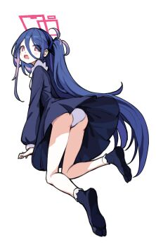 1girl ankle_socks aris_(blue_archive) aris_(princess)_(blue_archive) ass bare_legs black_dress black_hair black_hairband black_socks blue_archive bobby_socks bright_pupils dot_nose double-parted_bangs dress dynamic_pose from_behind full_body hair_between_eyes hairband halo highres light_blush long_hair long_hair_between_eyes long_sleeves looking_at_viewer looking_back loosely_tucked_bangs medium_dress no_shoes one_side_up open_mouth panties pantyshot rectangular_halo red_eyes red_halo simple_background socks soles solo underwear upskirt very_long_hair white_background white_panties white_pupils yuchunde_longlei