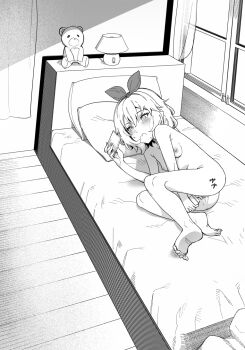 1girl 9nojo ass bad_id bad_pixiv_id barefoot bed bedroom between_legs blush breasts curtains feet female_masturbation full_body greyscale hair_between_eyes hair_ribbon hand_between_legs highres hitachi_magic_wand holding holding_phone idolmaster idolmaster_cinderella_girls indoors lamp looking_at_phone lying masturbation monochrome nipples nude on_bed on_side phone pillow pussy_juice ribbon sakurai_momoka sex_toy short_hair small_breasts soles solo stuffed_animal stuffed_toy sweat teddy_bear vibrator
