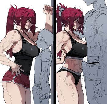 1girl 2boys absurdres against_wall age_difference biceps black_panties black_sports_bra breasts bulge comparison erection erection_under_clothes grabbing_another&#039;s_hair hand_on_wall height height_difference hetero highres holding_another&#039;s_hair kabedon large_breasts looking_at_another multiple_boys muscular muscular_female onee-shota panties penis_size_difference ratatatat74 red_hair size_difference sports_bra tall_female underwear