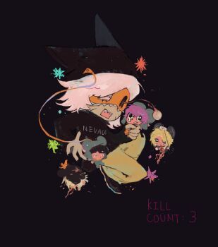 Rule 34 | 1boy, animal hat, black background, cat hat, claws, death, english text, eye mask, eyeball, facial mark, hat, highres, injury, intestines, male focus, mask, mini person, miniboy, mouse boy, mouse hat, nyen (randal's friends), pink hair, randal's friends, sharp teeth, short hair, simple background, solo, teeth, whisker markings, xianning233