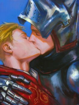 Rule 34 | 2boys, armor, blonde hair, blue background, hans capon, helmet, henry of skalitz, highres, kingdom come: deliverance, kingdom come: deliverance ii, kiss, legs together, multiple boys, pp46 , yaoi