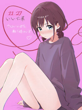 1girl absurdres blue_eyes blush brown_hair closed_mouth commentary dated girls_band_cry gohannanaki grey_shirt highres iseri_nina long_sleeves low_twintails number_pun pink_background shirt short_hair short_twintails simple_background sitting solo thighs translation_request twintails