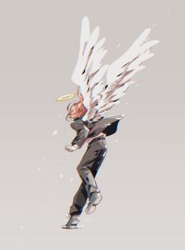 1boy angel angel_devil_(chainsaw_man) angel_wings belt black_belt black_jacket black_pants black_suit chainsaw_man commentary_request floating_hair formal_clothes from_behind grey_background halo highres jacket layered_sleeves long_sleeves macoshu male_focus pants red_hair shirt shirt_tucked_in shoes simple_background solo standing standing_on_one_leg suit suit_jacket white_shirt white_wings wings