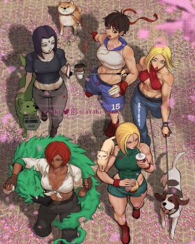 5girls 5others abs adapted_costume animal animal_on_shoulder animalization ayaki_blade steamed_bun beagle beast_boy_(dc) black_choker black_hair blonde_hair blue_eyes blue_mary breasts brown_hair burger cammy_white casual cat cat_on_shoulder cherry_blossoms choker clothes_writing collarbone commentary commentary_request covered_abs criss-cross_halter crop_top cropped_hoodie crossover cup dark-skinned_female dark_skin dc_comics disposable_coffee_cup disposable_cup dog english_commentary fingerless_gloves food from_above front-tie_top giovanna_(guilty_gear) gloves guilty_gear guilty_gear_strive hair_over_one_eye halterneck highres holding holding_food holding_leash hood hoodie kasugano_sakura large_breasts leash medium_breasts midriff mixed-language_commentary multiple_crossover multiple_girls multiple_others muscular muscular_female narrow_waist no_bra parted_hair pet_walking raven_(dc) red_gloves red_hair rei_(guilty_gear) sandwich selfie_stick shiba_inu short_hair shorts sleeveless street_fighter street_fighter_zero_(series) teen_titans the_king_of_fighters underwear_writing walking wolf