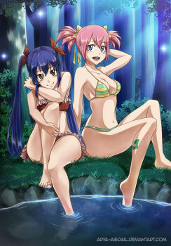 2girls age_difference arm_at_side arm_behind_head arm_tattoo armpits artist_name arya-aiedail barefoot bikini blue_eyes blue_hair breasts brown_eyes child cleavage collarbone eyelashes fairy_tail feet feet_in_water female_focus flat_chest forest bad_tag frilled_bikini frills hair_between_eyes hair_ornament hand_on_own_leg happy knee_up lake leg_tattoo legs long_hair long_twintails looking_at_viewer medium_breasts midriff moonlight multicolored_bikini multiple_girls multiple_views nature navel neck night open_mouth outdoors pink_hair red_bikini sheria_blendy shiny_clothes shiny_skin sidelocks signature small_breasts smile striped_bikini striped_clothes swimsuit tattoo thighs toenails toes tree turnaround twintails two-tone_bikini water watermark web_address wendy_marvell wet