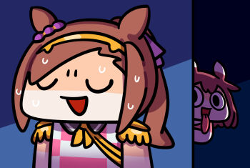 Rule 34 | 2girls, animal ears, bakushin o armpit gif (meme), brown hair, chibi, closed eyes, ear covers, epaulettes, gold hairband, hair between eyes, hairband, hashtag-only commentary, highres, horse ears, horse girl, keenbiscuit, long hair, long tongue, looking at another, meme, multiple girls, open mouth, ponytail, sakura bakushin o (blossom in learning) (umamusume), sakura bakushin o (umamusume), sakura chiyono o (umamusume), sleeveless, smile, sweat, tongue, tongue out, umamusume