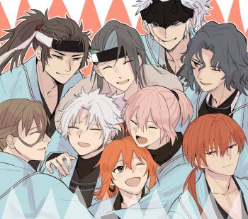 2girls 6+boys ahoge black_kimono blue_eyes blue_haori blush brown_eyes brown_hair closed_eyes facial_scar fate/grand_order fate_(series) fujimaru_ritsuka_(female) grey_hair haori harada_sanosuke_(fate) headband highres hijikata_toshizou_(fate) hug japanese_clothes kimono kondou_isami_(fate) long_hair multiple_boys multiple_girls nagakura_shinpachi_(fate) okita_souji_(fate) open_mouth orange_hair pink_hair ponytail saitou_hajime_(fate) scar scar_on_cheek scar_on_face scar_on_forehead scar_on_mouth shinsengumi_(fate) short_hair smile tearing_up toudou_heisuke_(fate) yamanami_keisuke_(fate) yamanami_keisuke_(third_ascension)_(fate) you_(0_5rudo)