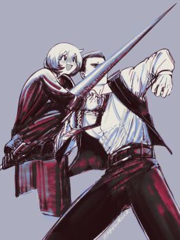 Rule 34 | 1boy, 1girl, belt, black coat, black pants, black vest, bob cut, coat, don quixote (project moon), highres, lance, lifting person, limbus company, meursault (project moon), necktie, open mouth, pants, polearm, project moon, shirt, sitting on arm, smile, throwing, throwing person, vest, weapon, wenli, white shirt