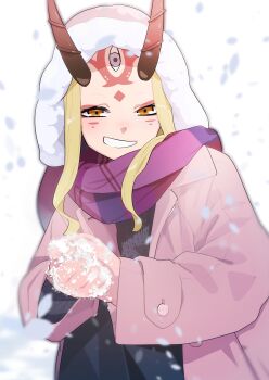 Rule 34 | 1girl, absurdres, black sweater, blonde hair, blush, breasts, brown jacket, commentary request, facial mark, fate/grand order, fate (series), forehead, forehead mark, grin, hair pulled back, highres, hood, hooded jacket, horns, ibaraki douji (fate), jacket, long hair, looking at viewer, oni, purple scarf, scarf, small breasts, smile, snow, snowball, solo, sweater, tattoo, terasako, yellow eyes