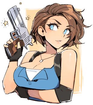 1girl almightychiru arm_under_breasts black_gloves blue_eyes breasts brown_hair cleavage commentary elbow_pads english_commentary fingerless_gloves gloves gun handgun highres holding holding_gun holding_weapon holster jewelry jill_valentine large_breasts pendant resident_evil resident_evil_3:_nemesis resident_evil_3_(remake) shirt short_hair shoulder_holster single_elbow_pad solo weapon