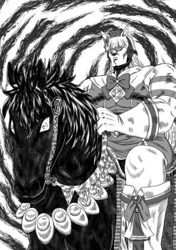 Rule 34 | 1girl, animal ears, armband, blunt bangs, boots, bow, feet out of frame, gloves, gold ship (red strife) (umamusume), gold ship (umamusume), greyscale, hara tetsuo (style), headwear request, hiyoko (chick's theater), hokuto no ken, horse, horse ears, horse girl, horseback riding, knee boots, kokuoh (hokuto no ken), long hair, monochrome, muscular, riding, umamusume, white gloves