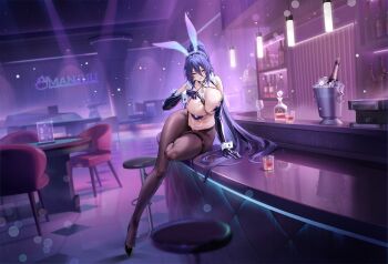 1girl absurdres animal_ears areola_slip azur_lane bar_(place) black_hair breasts cup detached_collar elbow_gloves fake_animal_ears gloves hair_between_eyes highres kansas_(azur_lane) kansas_(late_night_leisure)_(azur_lane) large_breasts latex_bra long_bangs long_hair looking_at_viewer mole mole_under_eye ng_jie non-web_source official_alternate_costume official_art open_mouth pantyhose playboy_bunny ponytail pubic_tattoo rabbit_ears solo tattoo very_long_hair wrist_cuffs