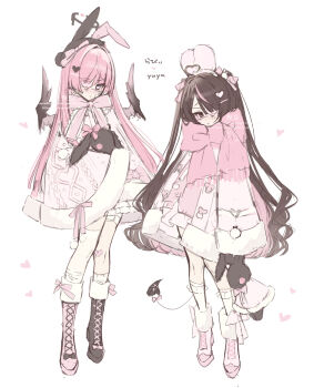 Rule 34 | 2girls, ahoge, animal ears, asymmetrical footwear, black boots, black eyes, black hair, blush, boots, bow, closed mouth, coat, demon girl, demon tail, eyepatch, fake animal ears, full body, hair ornament, hair over one eye, heart, heart ahoge, heart hair ornament, highres, holding, holding stuffed toy, long hair, long sleeves, looking at viewer, mismatched footwear, multiple girls, one eye covered, original, parted bangs, pink boots, pink bow, pink coat, pink eyes, pink hair, pink scarf, rabbit ears, scarf, simple background, socks, stuffed animal, stuffed rabbit, stuffed toy, tail, white background, white socks, wings, yu o015