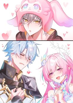 1girl 2boys blush commentary_request cyrene_(honkai:_star_rail) cyrene_(ripples_of_past_reverie)_(honkai:_star_rail) flower grey_hair hair_flower hair_ornament heart highres honkai:_star_rail honkai_(series) long_hair mem_(honkai:_star_rail) multicolored_hair multiple_boys open_mouth own_hands_together papi_sore phainon_(honkai:_star_rail) pink_hair pointy_ears purple_eyes short_hair simple_background two-tone_hair very_long_hair white_background white_hair yellow_eyes