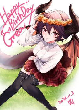 1girl arm_up black_thighhighs brown_hair brown_skirt dragon_girl dragon_horns dragon_tail dragon_wings flower grea_(shingeki_no_bahamut) hair_between_eyes hair_flower hair_ornament happy_birthday horns long_sleeves looking_at_viewer manaria_friends mizuha_p plaid_clothes plaid_skirt pleated_skirt pointy_ears red_eyes rose shingeki_no_bahamut shirt short_hair sitting skirt solo tail thighhighs white_shirt wings yellow_flower yellow_rose