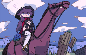 1girl bikini bikini_top_only black_bikini black_gloves black_hat cactus cape cloud cloudy_sky cowboy_hat cowboy_western day desert gloves hat holding holding_reins horse horseback_riding long_hair naaaaaaaa original outdoors pants pants_under_shorts purple_eyes purple_hair red_cape reins riding saddle short_shorts shorts sky solo spurs swimsuit white_pants