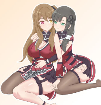 Rule 34 | 2girls, absurdres, ankle strap, assault lily, bare shoulders, barefoot, belt, black dress, black hair, black ribbon, black skirt, breasts, brown background, brown hair, brown thighhighs, buckle, cheek-to-cheek, chinese commentary, cleavage, cleavage cutout, closed mouth, clothing cutout, commentary request, cross-laced clothes, cross-laced skirt, cross-laced slit, detached sleeves, dragon print, dress, flower knot, foot out of frame, garter straps, gradient background, green eyes, hair ornament, hair over shoulder, hair ribbon, hair scrunchie, hand on another's shoulder, hand on another's stomach, heads together, heterochromia, high belt, highres, hug, hug from behind, knees together feet apart, kuo shenlin, large breasts, light blush, long hair, looking at another, looking to the side, miniskirt, multiple belts, multiple girls, no shoes, official alternate costume, one side up, open belt, outline, pelvic curtain, pink eyes, print dress, red dress, ribbon, scrunchie, short sleeves, side slit, sidelocks, sideways glance, single thighhigh, sitting, skirt, skirt under dress, sleeveless, sleeveless dress, smile, snap-fit buckle, tassel, thighhighs, very long hair, wang yujia, wariza, white outline, white scrunchie, xingguang, yellow eyes, yuri