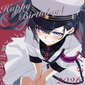 Rule 34 | 1girl, black hair, black shirt, blue eyes, collared shirt, commentary request, dated, happy birthday, hat, highres, jacket, military hat, military jacket, military uniform, minus (reverseblue), necktie, peaked cap, red necktie, shirt, short sleeves, solo, striped clothes, striped necktie, sweatdrop, twintails, white jacket, zika power