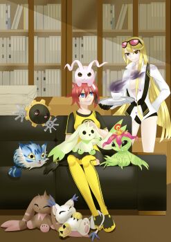absurdres aiba_ami black_eyes blonde_hair blue_eyes coffee digimon digimon_story:_cyber_sleuth glasses_on_head goggles goggles_on_head hagurumon highres kuremi_kyouko long_hair lopmon palmon pixiv_user_(28461656) red_hair sidetail tailmon terriermon wanyamon