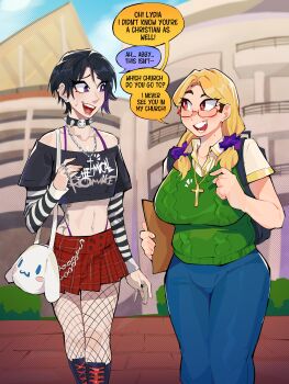 Rule 34 | 2girls, :3, abby (diforland), absurdres, backpack, bag, balcony, black choker, black hair, black nails, black sleeves, blonde hair, blue pants, blush, body blush, boots, bow, bra strap, breasts, bright pupils, brown eyes, building, buttons, chain, choker, cleavage, clothes writing, collared shirt, crop top, cross, cross necklace, crucifix, day, detached sleeves, diforland, ear piercing, earrings, english text, face piercing, feet out of frame, fishnet pantyhose, fishnets, folder, glasses, goth fashion, green sweater, green vest, hair bow, highres, holding, holding folder, jewelry, knee boots, large breasts, linea alba, lip piercing, long hair, looking at another, lydia (diforland), medium breasts, microskirt, midriff, multiple girls, my chemical romance, nail polish, navel, navel piercing, necklace, off shoulder, open mouth, original, outdoors, pants, panty straps, pantyhose, piercing, plaid clothes, plaid skirt, plump, red skirt, shirt, shoelaces, short hair, short sleeves, shoulder bag, skirt, sky, small breasts, speech bubble, spiked choker, spikes, standing, stomach tattoo, striped sleeves, sweatdrop, sweater, sweater vest, tattoo, teeth, tongue piercing, twintails, two-tone sleeves, upper teeth only, vest, white pupils, white shirt, white sleeves