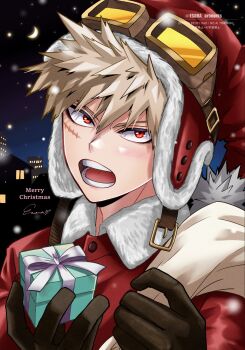 1boy bakugou_katsuki black_gloves blonde_hair boku_no_hero_academia christmas collared_shirt commentary_request crescent_moon esora-arts facial_scar gift gloves goggles goggles_on_head hat highres holding holding_gift holding_sack male_focus merry_christmas moon night night_sky open_mouth outdoors red_eyes red_hat red_shirt sack sanpaku santa_costume scar scar_on_cheek scar_on_face shirt short_hair sky solo spiked_hair teeth upper_body watermark wing_collar