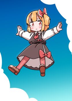 1girl ascot black_skirt black_vest blonde_hair blue_sky blush bow brown_shoes closed_mouth cloud collared_shirt commentary_request floating hair_bow highres loafers long_sleeves looking_at_viewer outdoors outstretched_arms pantyhose red_ascot red_bow red_eyes red_pantyhose roco_(katsuya1011) rumia shirt shoes skirt skirt_set sky solo spoken_blush spread_arms textless_version touhou vest white_shirt