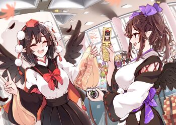 Rule 34 | 6+girls, :d, ^ ^, ascot, black cape, black capelet, black hair, black hat, black skirt, black wings, blonde hair, bow, bowtie, breasts, brown hair, camera, cape, capelet, cellphone, checkered clothes, checkered kimono, closed eyes, collared shirt, commentary request, detached sleeves, double-parted bangs, dress, falling feathers, falling leaves, feathers, fedora, flip phone, ginkgo leaf, hair bow, hat, hat bow, hieda no akyuu, himekaidou hatate, holding, holding camera, holding phone, indoors, inubashiri momiji, japanese clothes, kagami toufu, kimono, kourindou tengu costume, large breasts, leaf, long hair, long sleeves, maple leaf, maribel hearn, mob cap, motoori kosuzu, multiple girls, necktie, open mouth, phone, pleated skirt, pointy ears, pom pom (clothes), purple bow, purple dress, purple hair, purple hat, red ascot, red bow, red bowtie, red cape, red hat, red kimono, red necktie, red ribbon, ribbon, ribbon-trimmed sleeves, ribbon trim, second-party source, shameimaru aya, shirt, short hair, sidelocks, skirt, smile, suitcase, teeth, tokin hat, touhou, twintails, two-sided cape, two-sided fabric, upper teeth only, usami renko, v, white bow, white hat, white kimono, white shirt, wide sleeves, wings, yellow kimono