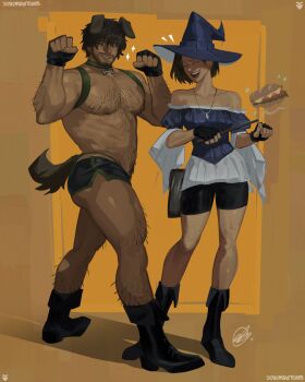 1boy 1girl alternate_costume animal_ears arm_hair bara bare_shoulders beard black_boots book boots carlos_oliveira chest_hair commentary connected_beard dark-skinned_male dark_skin dog_ears english_commentary facial_hair fake_animal_ears fake_tail fingerless_gloves floating floating_food food gloves hat highres holding holding_wand jewelry jill_valentine large_pectorals leg_hair looking_at_another muscular muscular_male necklace nipples off_shoulder paw_pose pectorals resident_evil resident_evil_3:_nemesis resident_evil_3_(remake) sandwich seansketches short_hair signature tail wand witch_hat