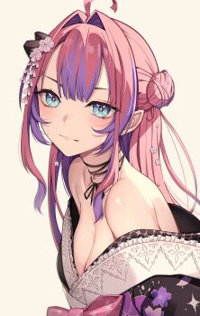 1girl absurdres ahoge black_kimono breasts center-flap_bangs cleavage closed_mouth commentary double-parted_bangs floral_print floral_print_kimono flower frilled_kimono frills hair_bun hair_flower hair_intakes hair_ornament highres hololive hololive_dev_is japanese_clothes kanzashi kikirara_vivi kikirara_vivi_(new_year) kimono large_breasts light_smile long_hair looking_at_viewer nurufufufu off_shoulder official_alternate_costume official_alternate_hairstyle pink_hair print_kimono side_up_bun sidelocks simple_background solo tsumami_kanzashi upper_body virtual_youtuber white_background