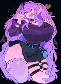 1girl :d aralyn_(elridalm) belt belt_buckle black_background black_belt black_choker black_skirt breasts buckle choker claw_pose commentary commission cropped_legs curvy double-parted_bangs english_commentary hair_between_eyes half-closed_eyes hands_up highres huge_breasts long_hair long_sleeves looking_at_viewer narrow_waist open_mouth orange_eyes original pointy_ears purple_hair purple_shirt purple_thighhighs shirt single_thighhigh skirt smile solo thick_thighs thigh_strap thighhighs thighs usa37107692 very_long_hair