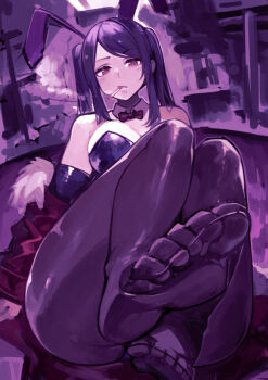 1girl alternate_breast_size_(larger) animal_ears black_gloves black_leotard black_thighhighs breasts cleavage elbow_gloves eyebrows_hidden_by_hair feet_up fur-trimmed_jacket fur_trim gloves harusame-r jacket jill_stingray large_breasts leotard looking_at_viewer medium_hair playboy_bunny purple_hair purple_theme rabbit_ears red_eyes sitting smoking soles solo thighhighs toes twintails unfinished va-11_hall-a