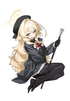 1girl :d absurdres beret black_gloves black_hat black_jacket black_pantyhose black_sailor_collar black_serafuku black_shirt black_skirt blonde_hair blue_archive bow cane commentary_request frilled_skirt frills full_body gloves green_eyes half_gloves halo hat highres holding holding_cane jacket kaminari_(edeath) long_sleeves looking_at_viewer no_shoes open_mouth pantyhose professor_niyaniya_(blue_archive) red_bow sailor_collar school_uniform serafuku shirt simple_background skirt smile solo white_background