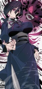 1girl @_@ black_dress black_eyes black_hair bloodshot_eyes breasts colored_sclera corset covered_erect_nipples darkness dress earrings gen_1_pokemon gengar ghost hex_maniac_(pokemon) hex_maniac_(pokemon_legends:_z-a) jewelry kinakomochi_(user_vedc2333) large_breasts long_hair long_sleeves looking_at_viewer low_ponytail mature_female nail_polish neck_ribbon nintendo open_mouth parted_lips pearl_earrings poke_ball poke_ball_(basic) pokemon pokemon_(creature) pokemon_legends:_z-a ponytail purple_eyes purple_nails purple_ribbon red_sclera ribbon sharp_teeth standing teeth white_background wind