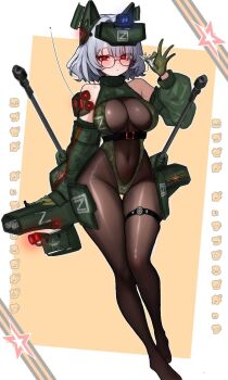 Rule 34 | 1girl, bmpt terminator, bodystocking, camouflage leotard, covered navel, glasses, gloves, green gloves, grey hair, highres, holding, leotard, mecha musume, original, red hair, ribbon of saint george, round eyewear, short hair, shrug (clothing), turtleneck shrug, wkorspol, z (russian symbol)