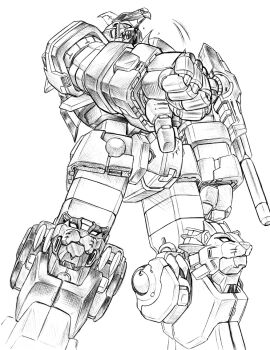 arm_cannon choujuu_kishin_dancouga_burn clenched_hand dancouga_(choujuu_kishin_dancouga_burn) dancouga_(series) greyscale looking_at_viewer looking_down mecha monochrome moukin_punch no_humans robot science_fiction solo thumbs_down weapon white_background