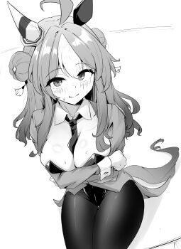 1girl absurdres ahoge animal_ears between_breasts blush breasts bush cleavage closed_mouth clothes_between_breasts commentary_request copano_rickey_(umamusume) double_bun ear_covers gryebooks hair_between_eyes hair_bun highres horse_ears horse_girl horse_tail large_breasts leotard long_hair long_sleeves looking_at_viewer mismatched_ear_covers monochrome necktie necktie_between_breasts nontraditional_playboy_bunny pantyhose revision shirt smile solo sweat tail umamusume