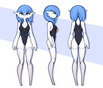 Rule 34 | 1girl, arms at sides, ass, bare shoulders, black one-piece swimsuit, blue background, blue hair, blueman282, breasts, closed mouth, collarbone, colored skin, covered navel, facing away, female focus, from behind, from side, full body, gardevoir, gen 3 pokemon, grey thighhighs, grin, groin, hair between eyes, happy, medium breasts, medium hair, multiple views, nintendo, no feet, one-piece swimsuit, orange eyes, pokemon, pokemon (creature), profile, simple background, skindentation, smile, split mouth, standing, straight-on, swimsuit, thighhighs, two-tone background, white skin