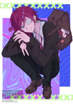 1boy alternate_costume bag brown_bag brown_jacket brown_shoes candy charm_(object) closed_mouth ear_piercing earrings eyepatch food full_body green_eyes hair_between_eyes hashtag-only_commentary highres holding holding_candy holding_food holding_lollipop jacket jewelry lauren_iroas lollipop long_hair long_sleeves looking_at_viewer male_focus marota_0 necktie nijisanji piercing red_hair red_necktie shirt shoes shoulder_bag side_ponytail smile solo squatting virtual_youtuber white_shirt