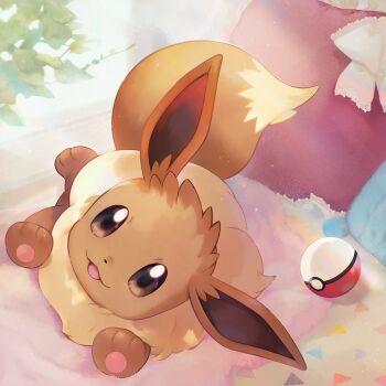 :3 animal_focus artist_request brown_eyes eevee full_body gen_1_pokemon nintendo no_humans official_art open_mouth poke_ball poke_ball_(basic) pokemon pokemon_(creature) pokemon_focus pokemon_tcg pokemon_tcg_pocket smile solo third-party_source
