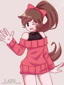 1girl bow brown_hair friday_night_funkin&#039; girlfriend_(friday_night_funkin&#039;) highres l_a_z_y_g one_eye_closed open_mouth red_bow red_sweater sweater waving