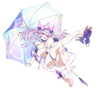 1girl absurdres anno_nemi_(vtuber) barefoot blush breasts breasts_apart commentary_request covered_erect_nipples hair_between_eyes high_heels highres huge_breasts indie_virtual_youtuber legs nail_polish niko_(tama) open_mouth pink_eyes pink_nails purple_hair sandals simple_background soles solo twintails umbrella virtual_youtuber white_background