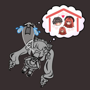 1boy animal_ears apron bell blush breasts brown_hair cat_ears cleavage commander_(nikke) elbow_gloves garter_straps ghost giving_up_the_ghost gloves goddess_of_victory:_nikke hair_intakes highres hoshiberuu house large_breasts long_hair low_neckline maid maid_apron maid_headdress multiple_girls neck_bell official_alternate_hair_color only_one_(nikke) open_mouth pacifier paw_hair_ornament privaty_(nikke) privaty_(unkind_maid)_(nikke) rapi_(nikke) rapi_(red_hood)_(nikke) red_hair short_hair smile thighhighs turn_pale twintails very_long_hair